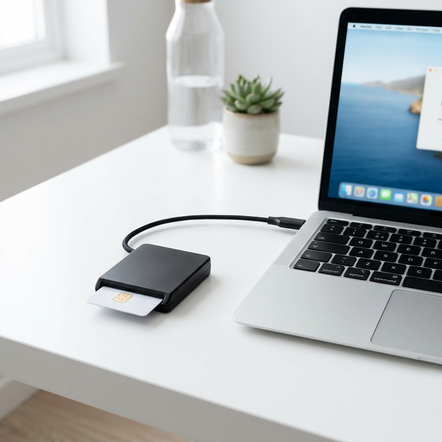 Tigryata Tech USB ID kortelių skaitytuvas prijungtas prie nešiojamojo kompiuterio, naudojamas VMI prisijungimui