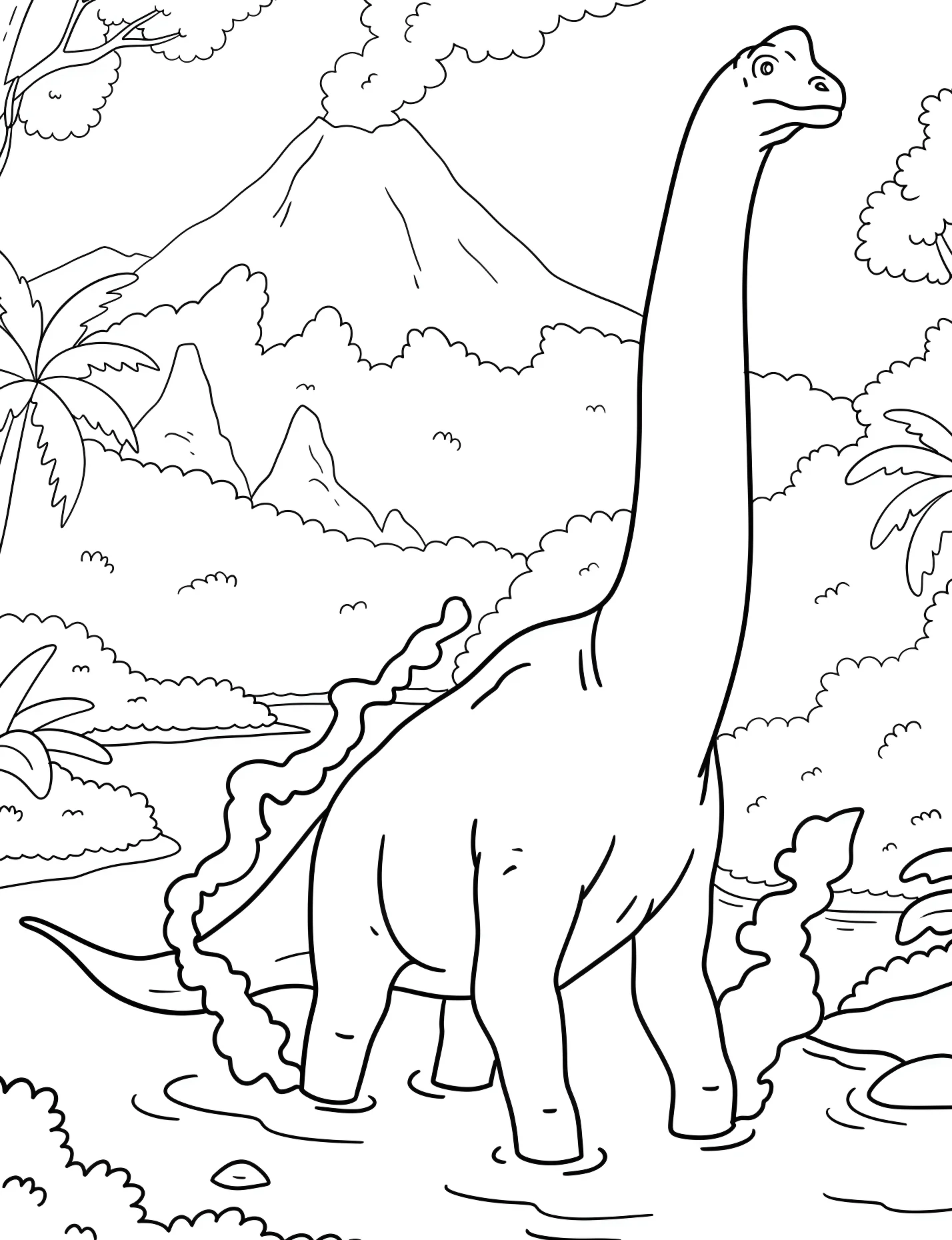 Брахиозавр в вулканической реке №21334. Динозавры. Брахиозавр (Brachiosaurus).