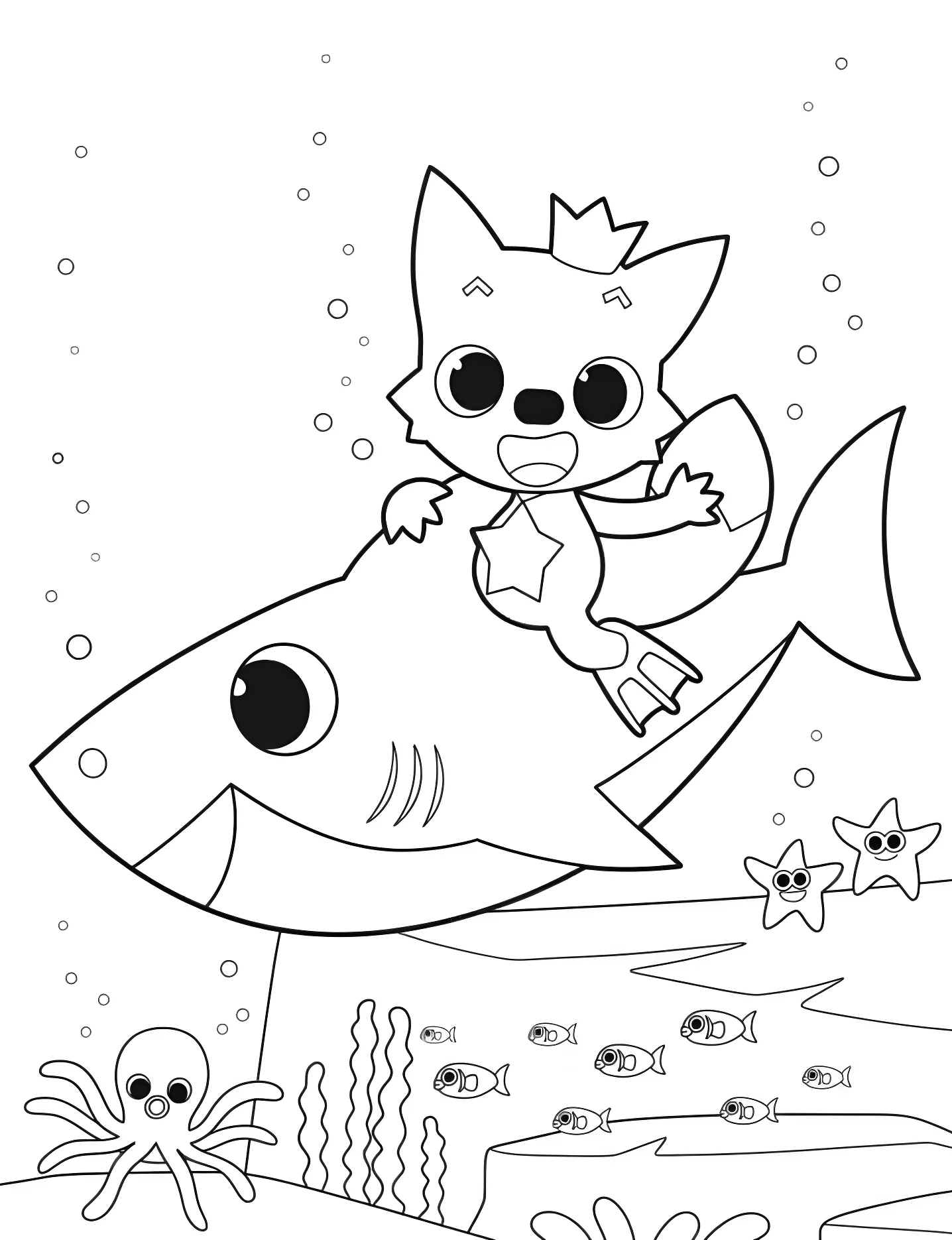 Веселый Pinkfong катается на акуле №5467. Раскраски для девочек по категориям. Бэби Шарк (Baby Shark).