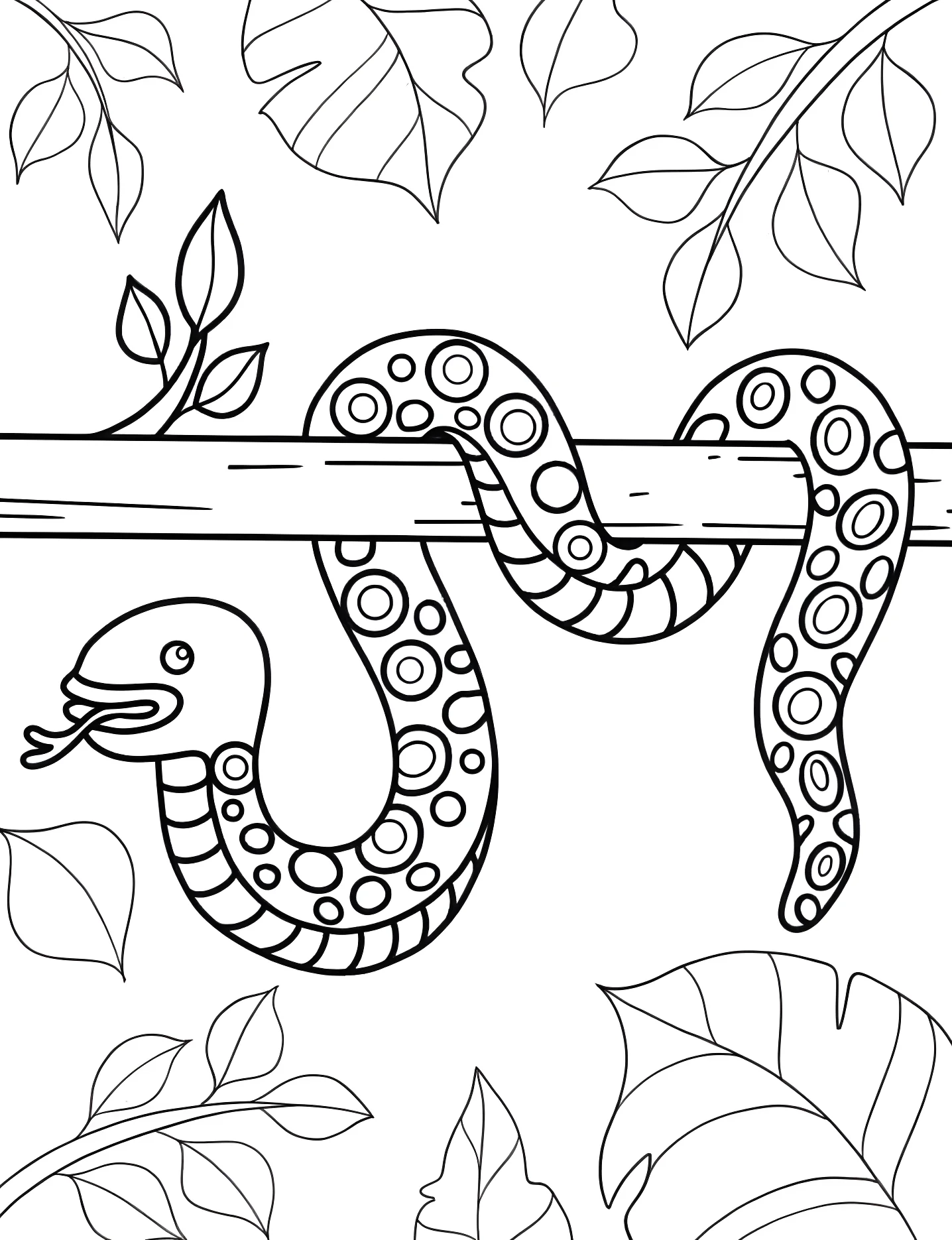 Милая змея на ветке №9964. Раскраски для девочек по категориям. Змея (Snake).
