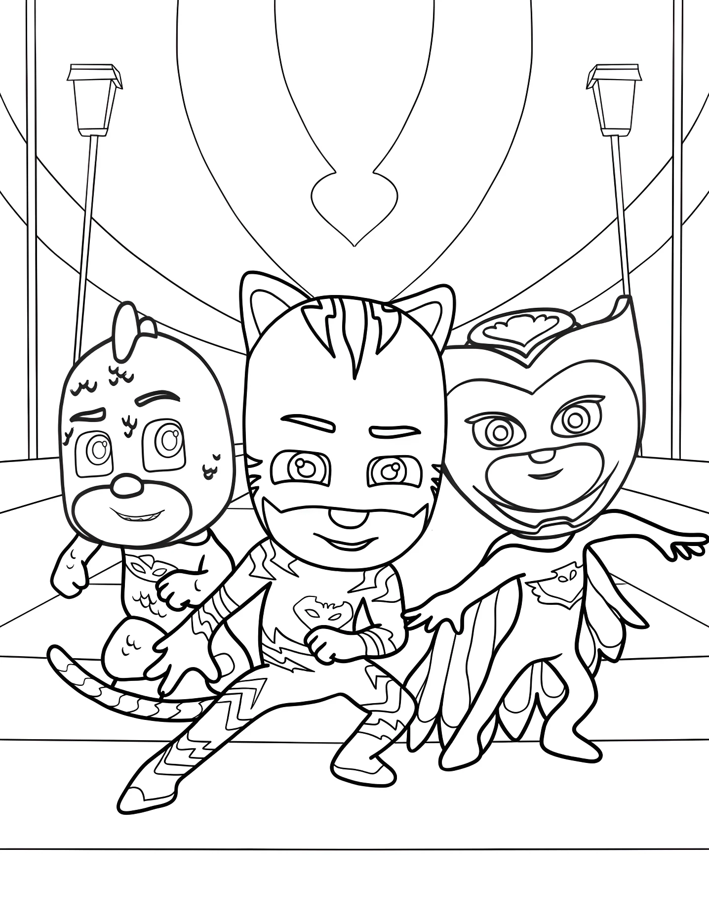Веселые герои PJ Masks №9357. Раскраски для девочек по категориям. Герои в масках (PJ Masks).