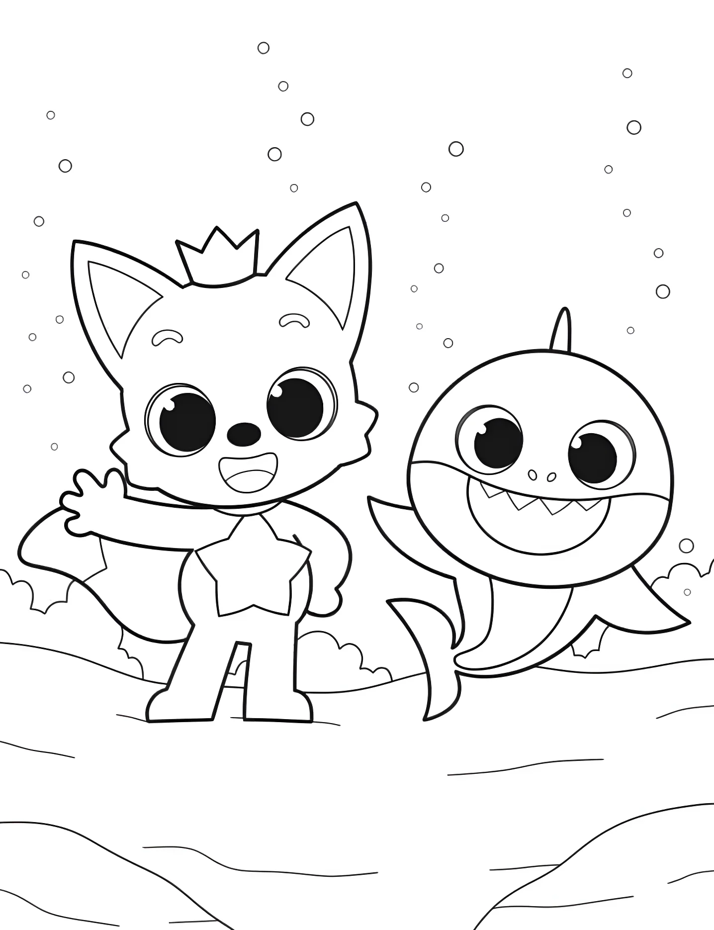 Весёлый Baby Shark и лисёнок для малышей №5479. Раскраски для девочек по категориям. Бэби Шарк (Baby Shark).