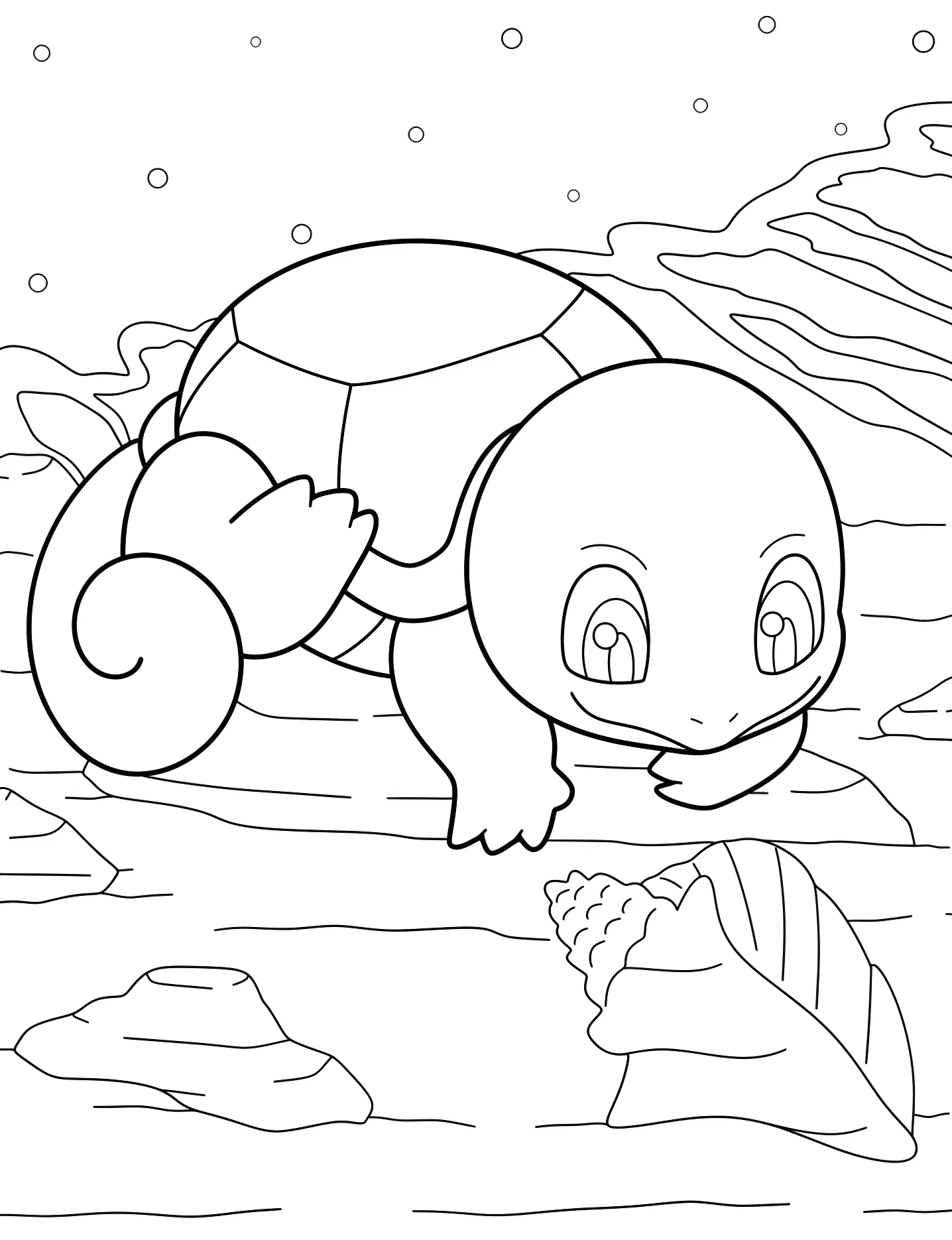 Милый Squirtle рассматривает морскую раковину №10057. Раскраски для девочек по категориям. Сквиртл (Squirtle).