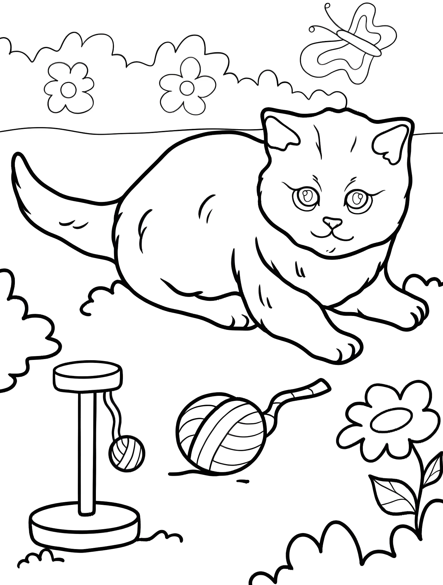 Милый котенок играет с клубком на траве №6558. Раскраски для мальчиков по категориям. Котята (Kitten).