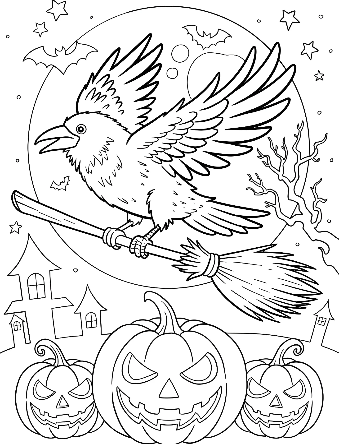 Ворон на метле над тыквами №17510. Хэллоуин (Halloween). Вороны.