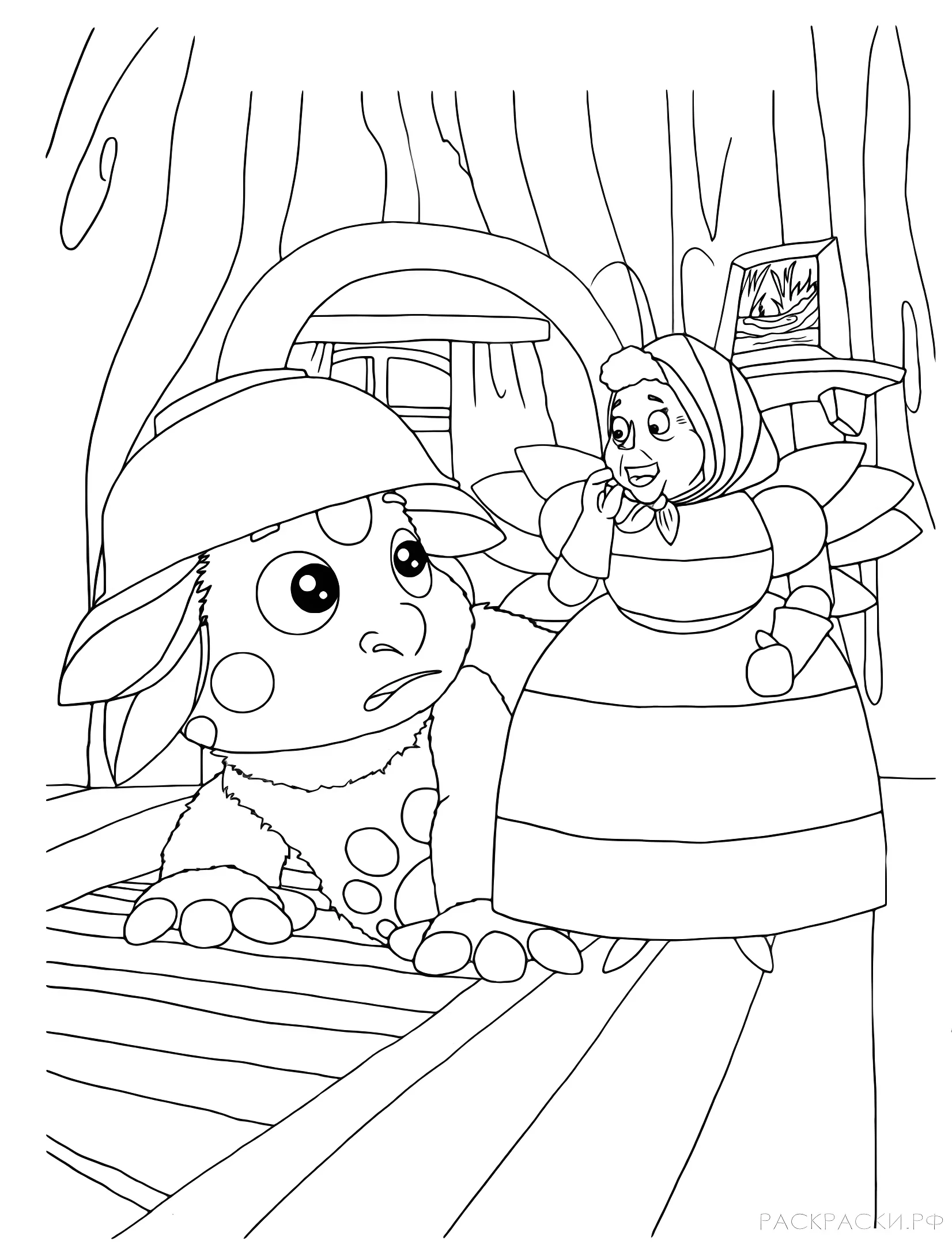 Баба Капа и Лунтик в избушке на курьих ножках №11955. Раскраски из мультиков. Баба Капа.