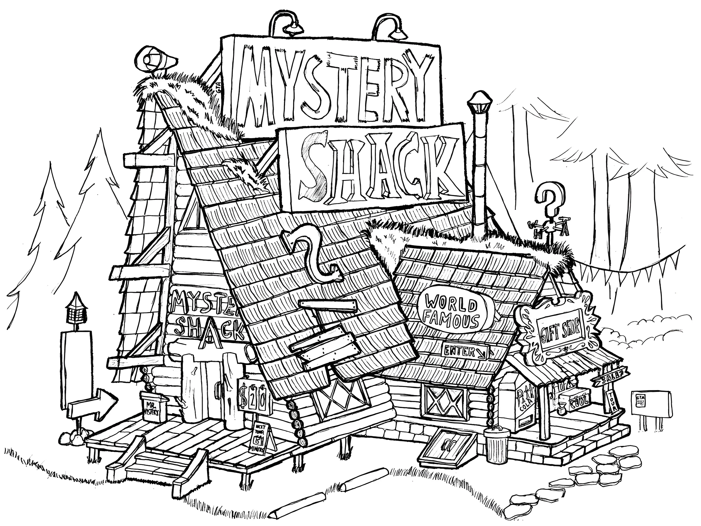 Раскраска Хижины Чудес (Mystery Shack) из мультсериала «Гравити Фолз №11094. Раскраски из мультиков. Гравити фолз.