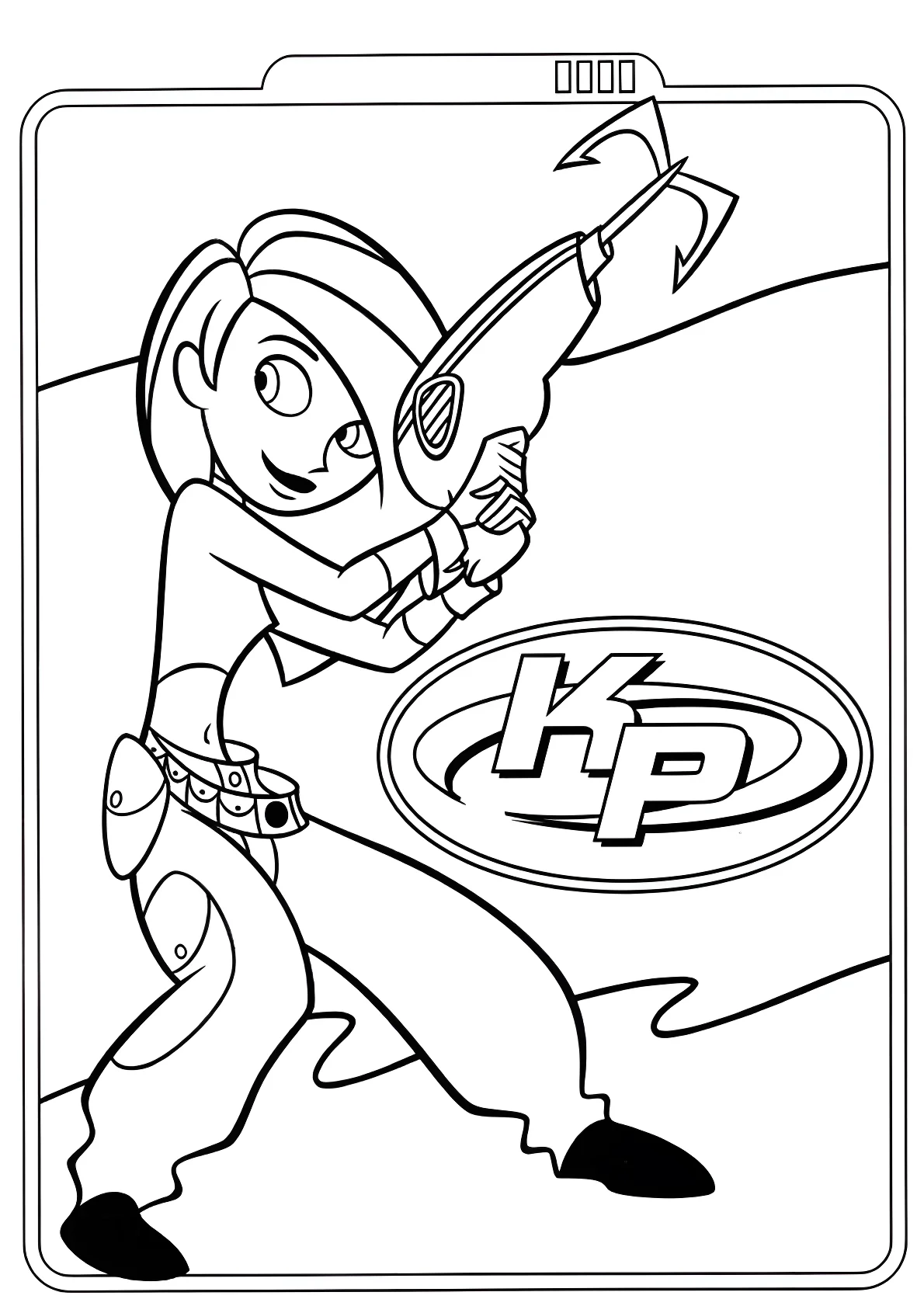 Ким Пять-с-Плюсом (в оригинале — Kim Possible) с оружием и логотипом KP №12868. Раскраски из мультиков. Ким пять-с-плюсом.