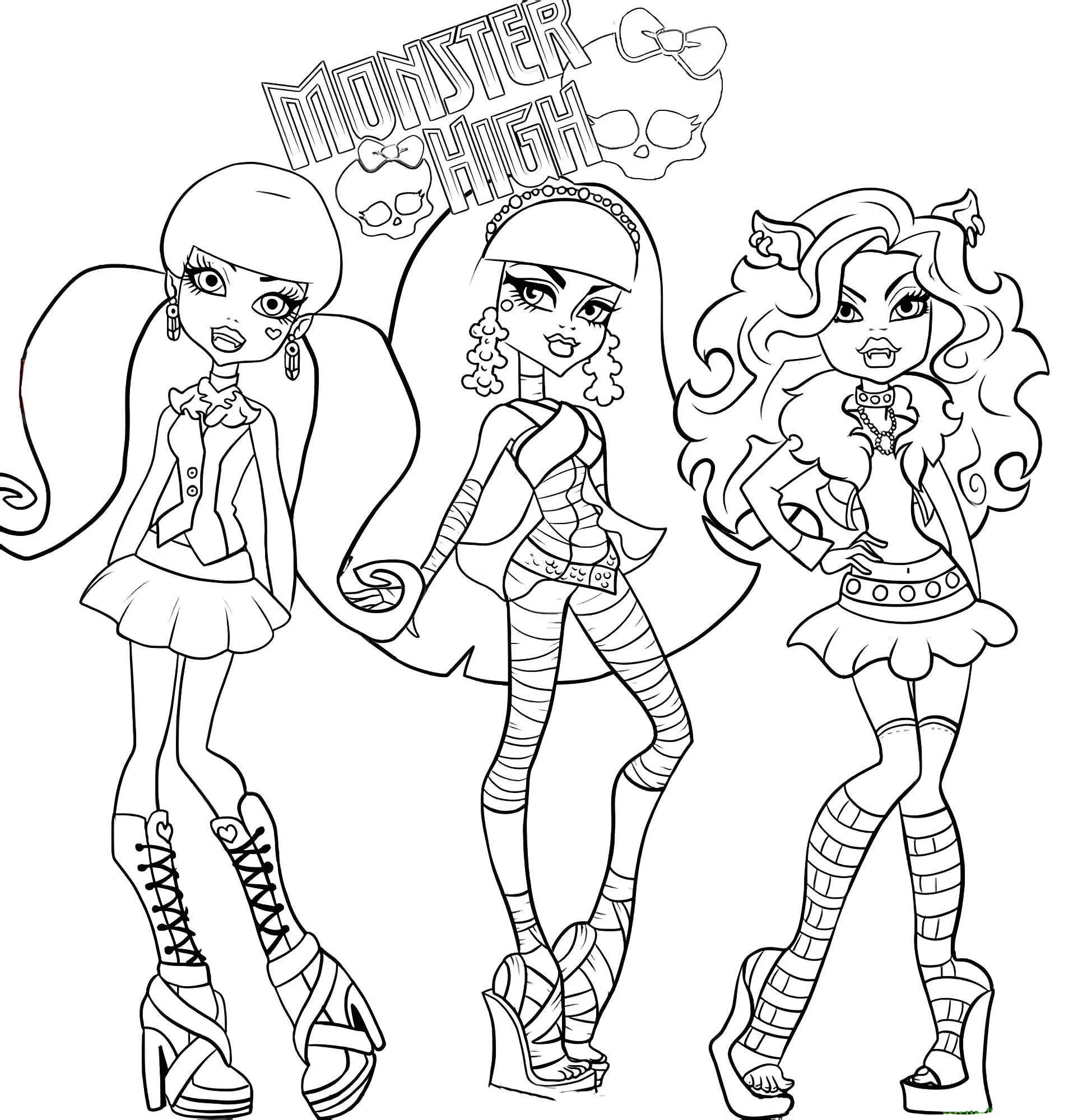 «Школа Монстров» (Monster High): Фрэнки Штейн (слева), Клео де Нил (в центре) и Клодин Вульф (справа №10693. Раскраски из мультиков. Монстр хай.