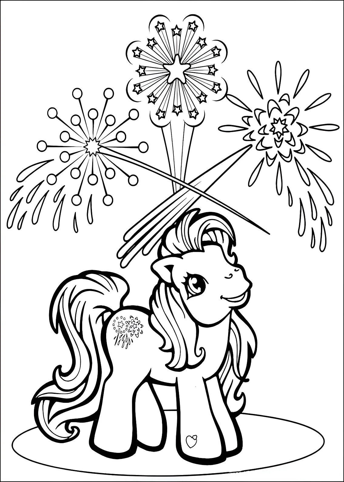Раскраска с мультяшным пони из вселенной My Little Pony на фоне праздничных фейерверков №10610. Раскраски из мультиков. Понивиль.