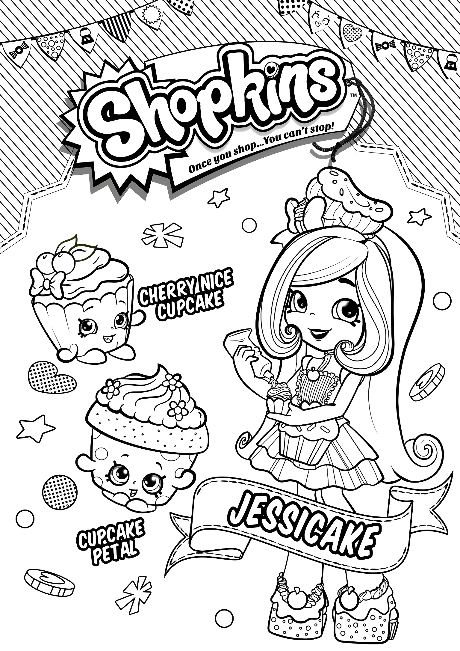 Раскраска с Shopkins (Шопкинс) и куклой Джессикейк (Jessicake) из серии Shoppies, а также персонажами Cherry Nice Cupcake и Cupcake Petal №10660. Раскраски из мультиков. Шопкинс.