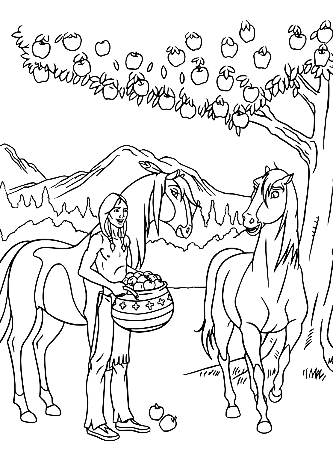 Дух и индеец собирают яблоки №12977. Раскраски из мультиков. Спирит.