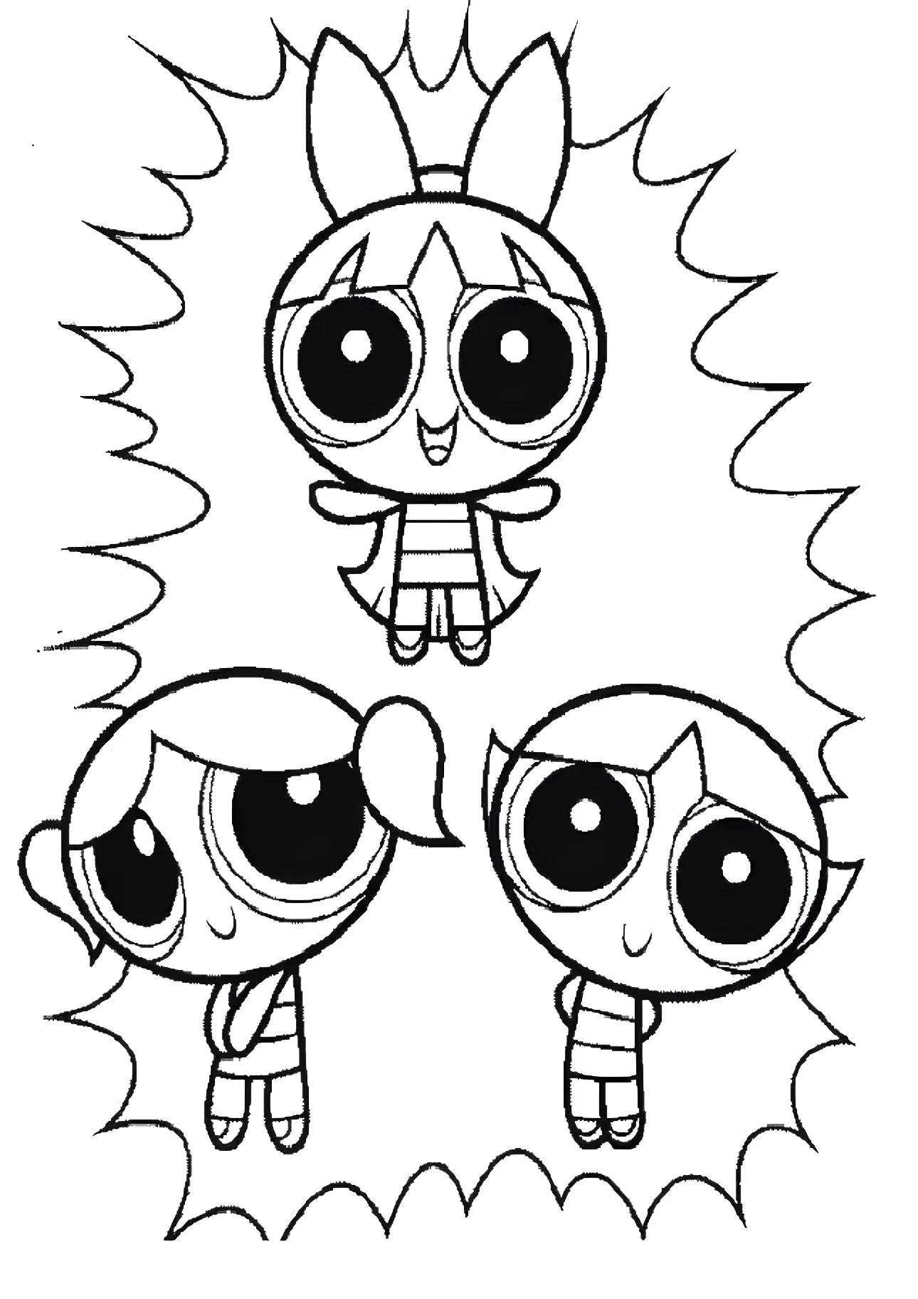 Цветик (Blossom) сверху, а Пузырёк (Bubbles) и Пестик (Buttercup) внизу №11718. Раскраски из мультиков. Суперкрошки.