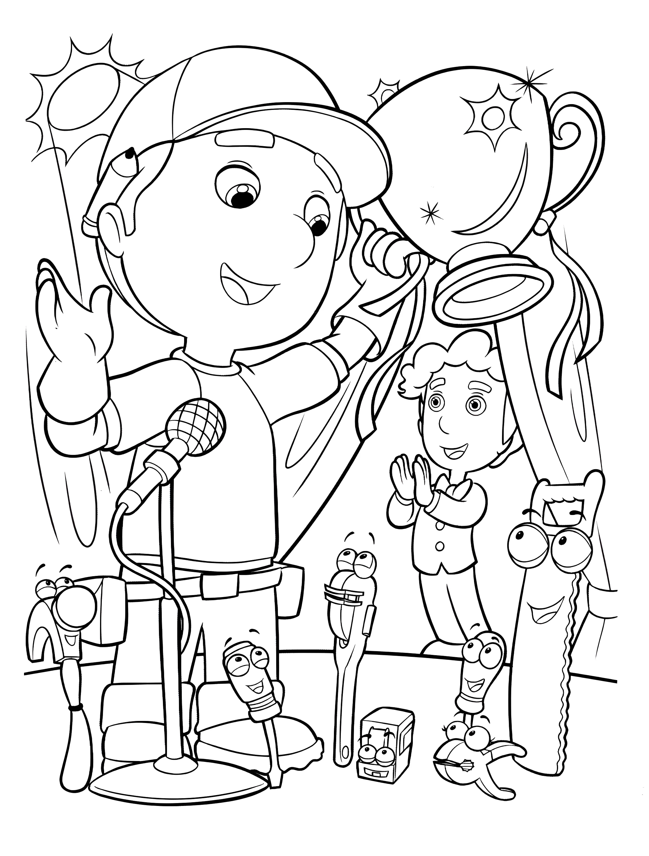Умелец Мэнни (Handy Manny) держит в руках наградной кубок и выступает у микрофона в окружении своих говорящих друзей-инструментов №13468. Раскраски из мультиков. Умелец Мэнни.