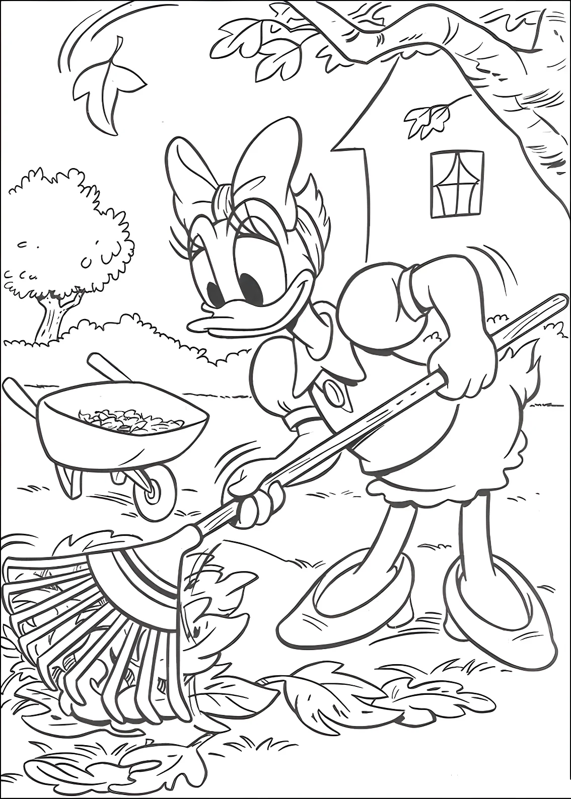 Дейзи Дак (Daisy Duck) подметает опавшие листья граблями рядом с домиком и тачкой №13647. Раскраски из мультиков. Утиные истории.