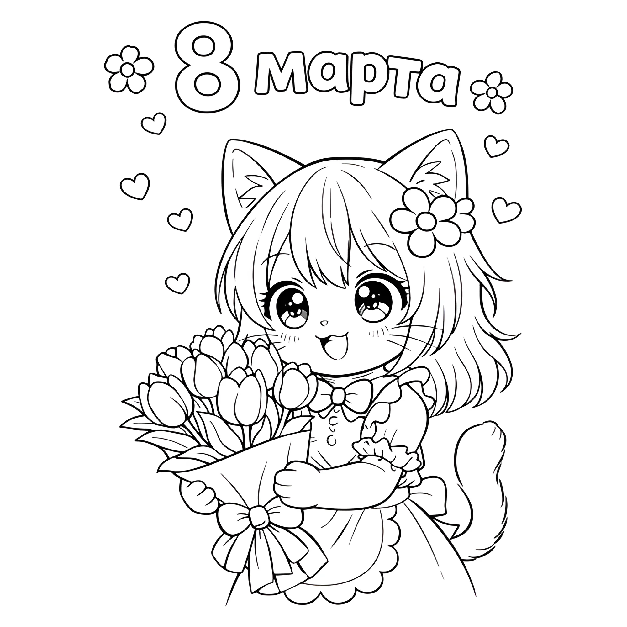 Аниме кошечка с букетом на 8 марта №15138. Раскраски из мультиков. Аниме.