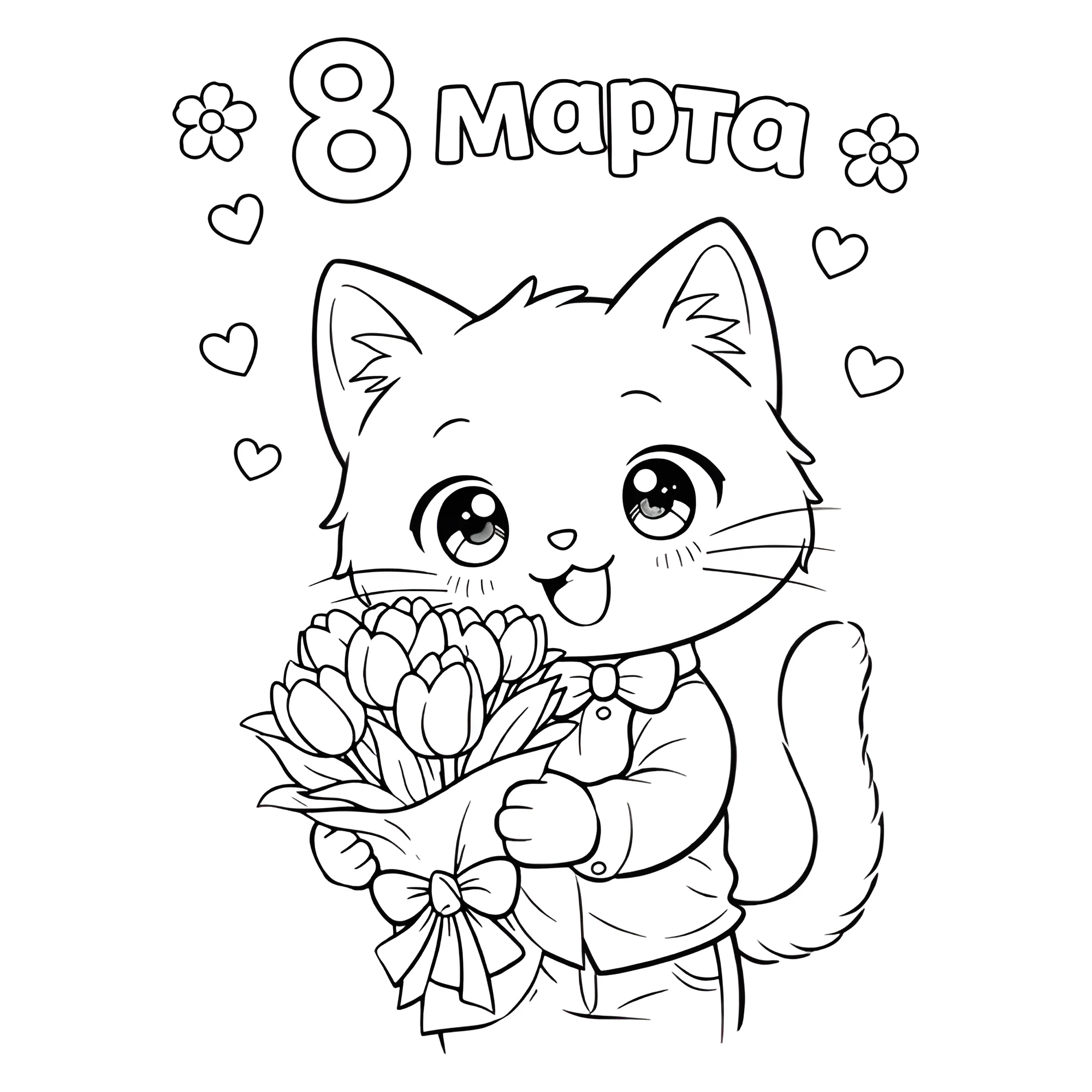 Котёнок с букетом на 8 марта №15124. Раскраски из мультиков. Аниме.