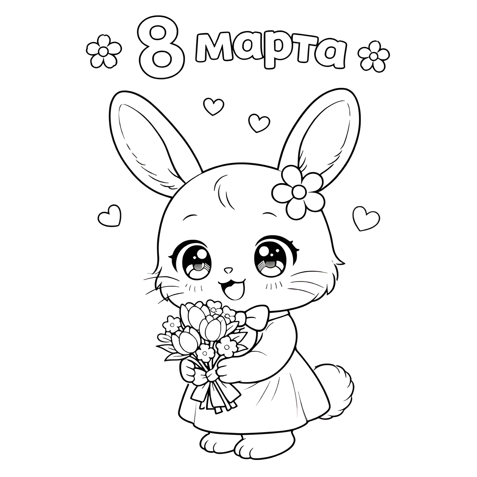 Кролик с букетом на 8 марта №15002. Раскраски из мультиков. Аниме.