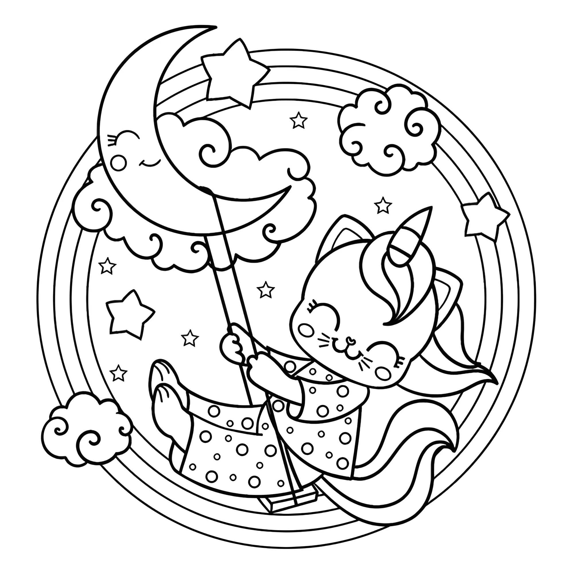 Кошка-единорог катается на луне №15034. Раскраски из мультиков. Аниме.