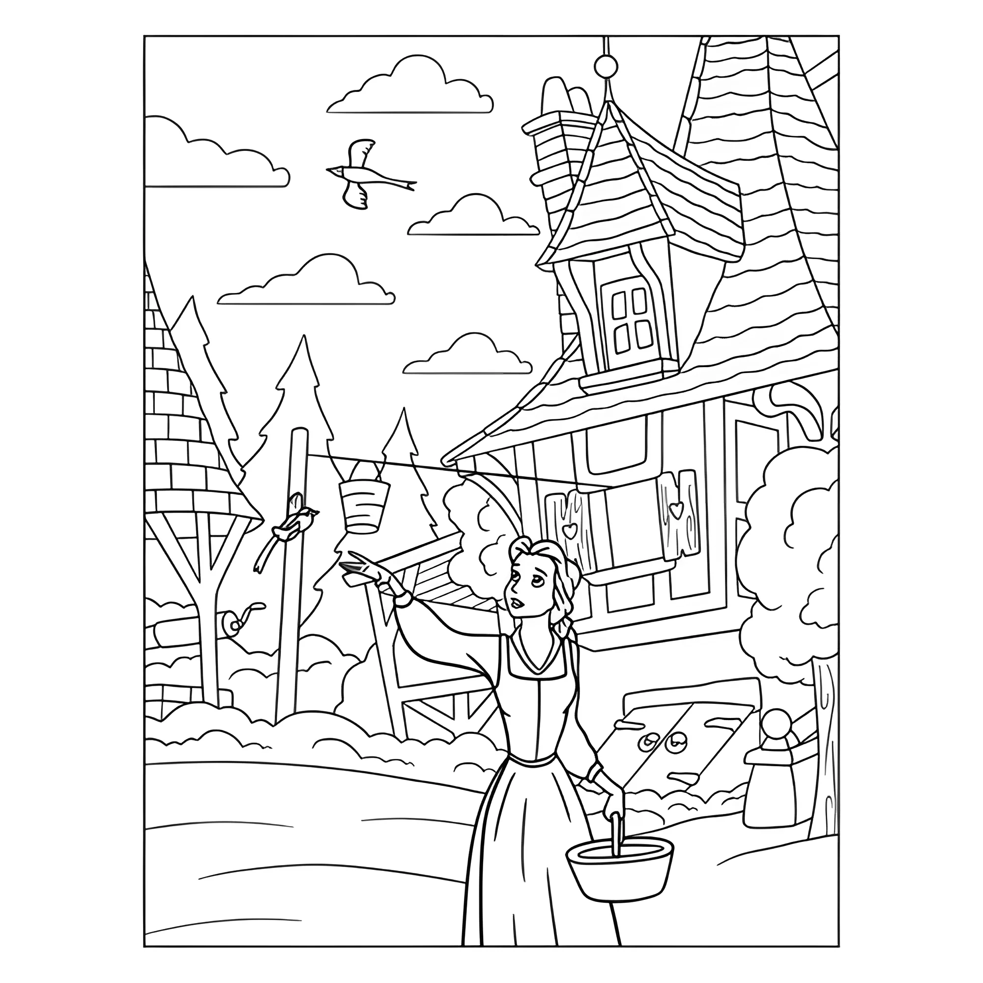 Белль в деревне №16707. Раскраски из мультиков. Красавица и чудовище.