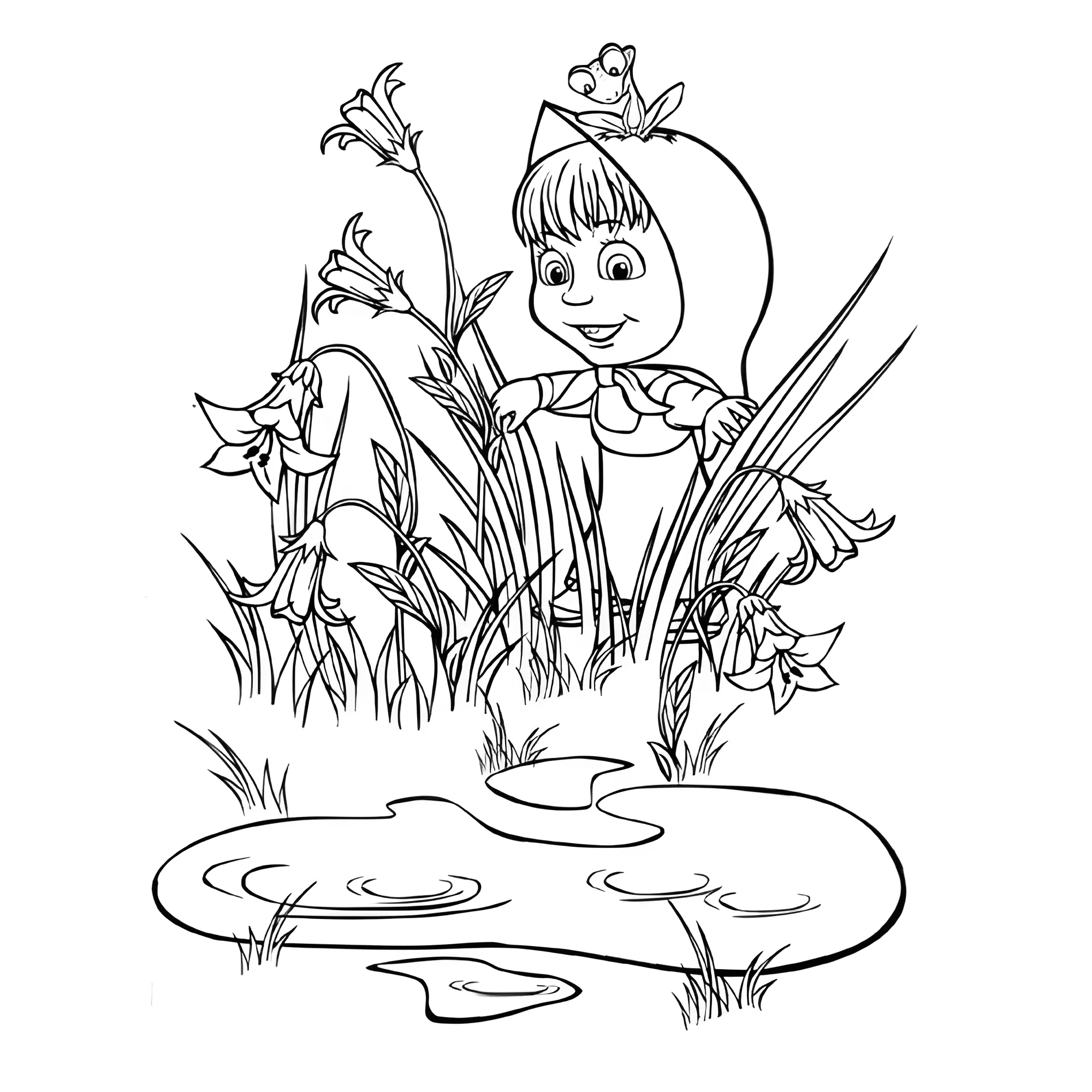 Маша с лягушкой на голове №15398. Раскраски из мультиков. Маша и медведь.