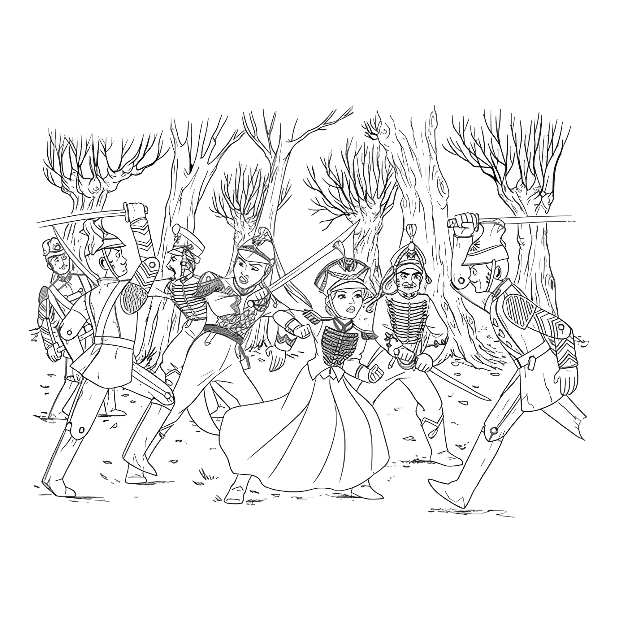 Клара, Филипп и стража сражаются с оловянными солдатиками №17464. Раскраски из мультиков. Щелкунчик.