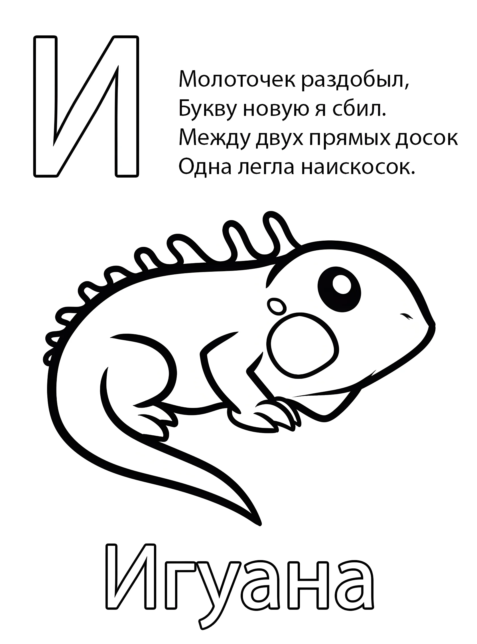 Буква И — Игуана №6791. Обучающие и развивающие раскраски для детского сада, для начальных классов. Азбука в картинках.
