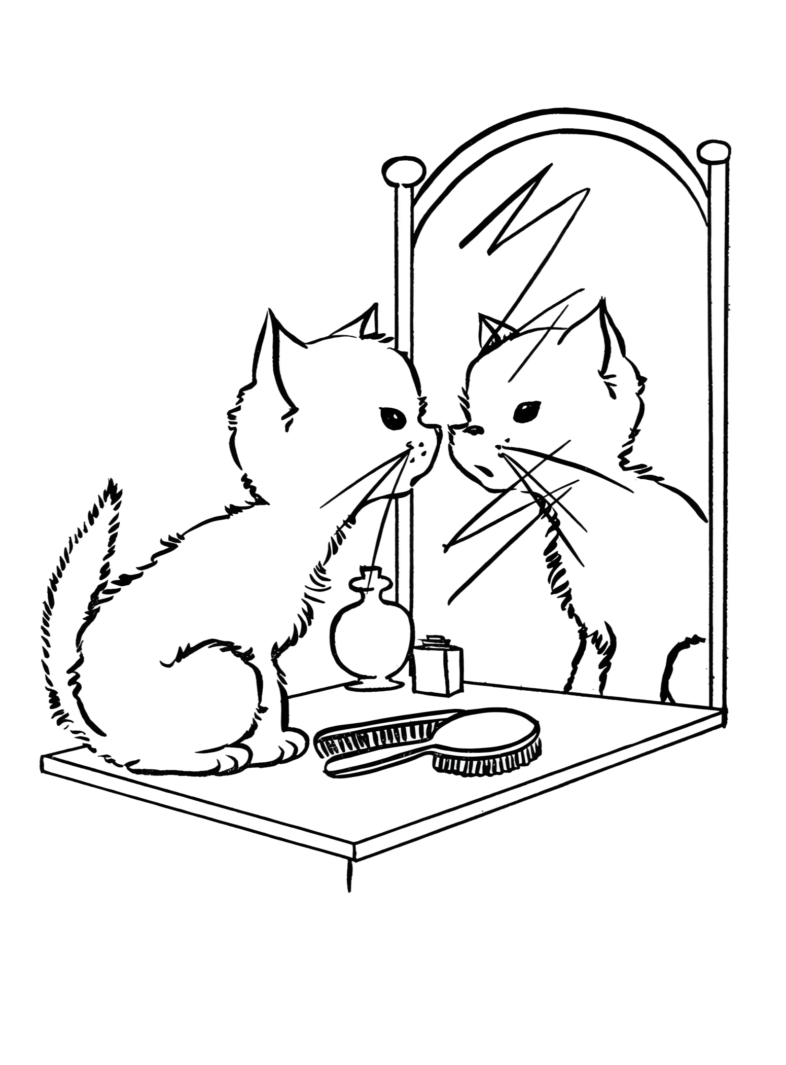 Кошечка смотрит в зеркало. Котик №2906. Раскраски для девочек по категориям. Котики.