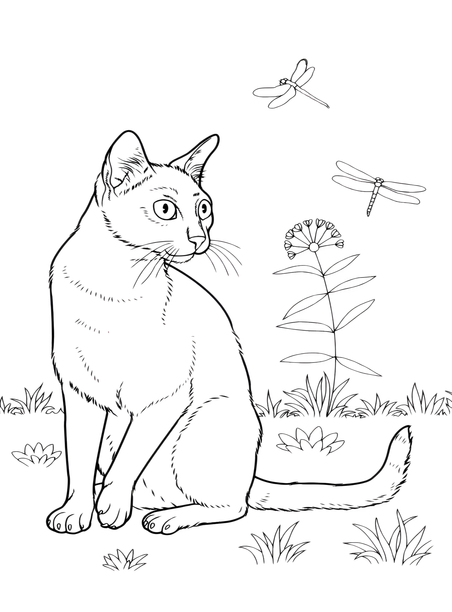 Кошка и стрекозы №2899. Раскраски для девочек по категориям. Котики.