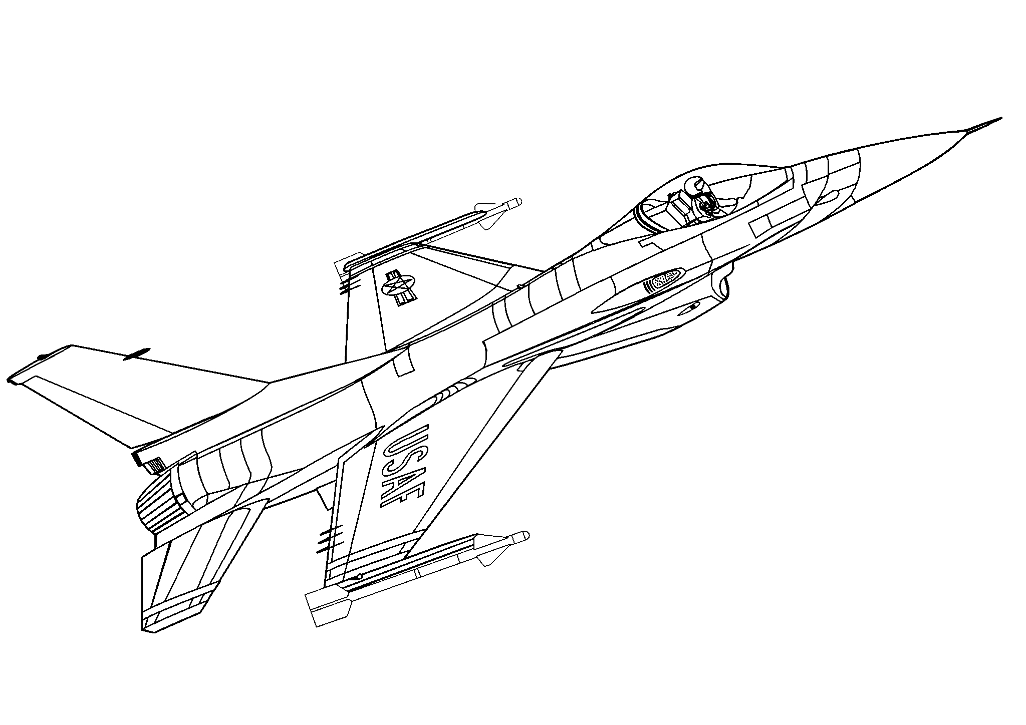 F-16 Атакующий сокол. Раскраска военный самолет №1598. Раскраски для мальчиков по категориям. Самолёты.