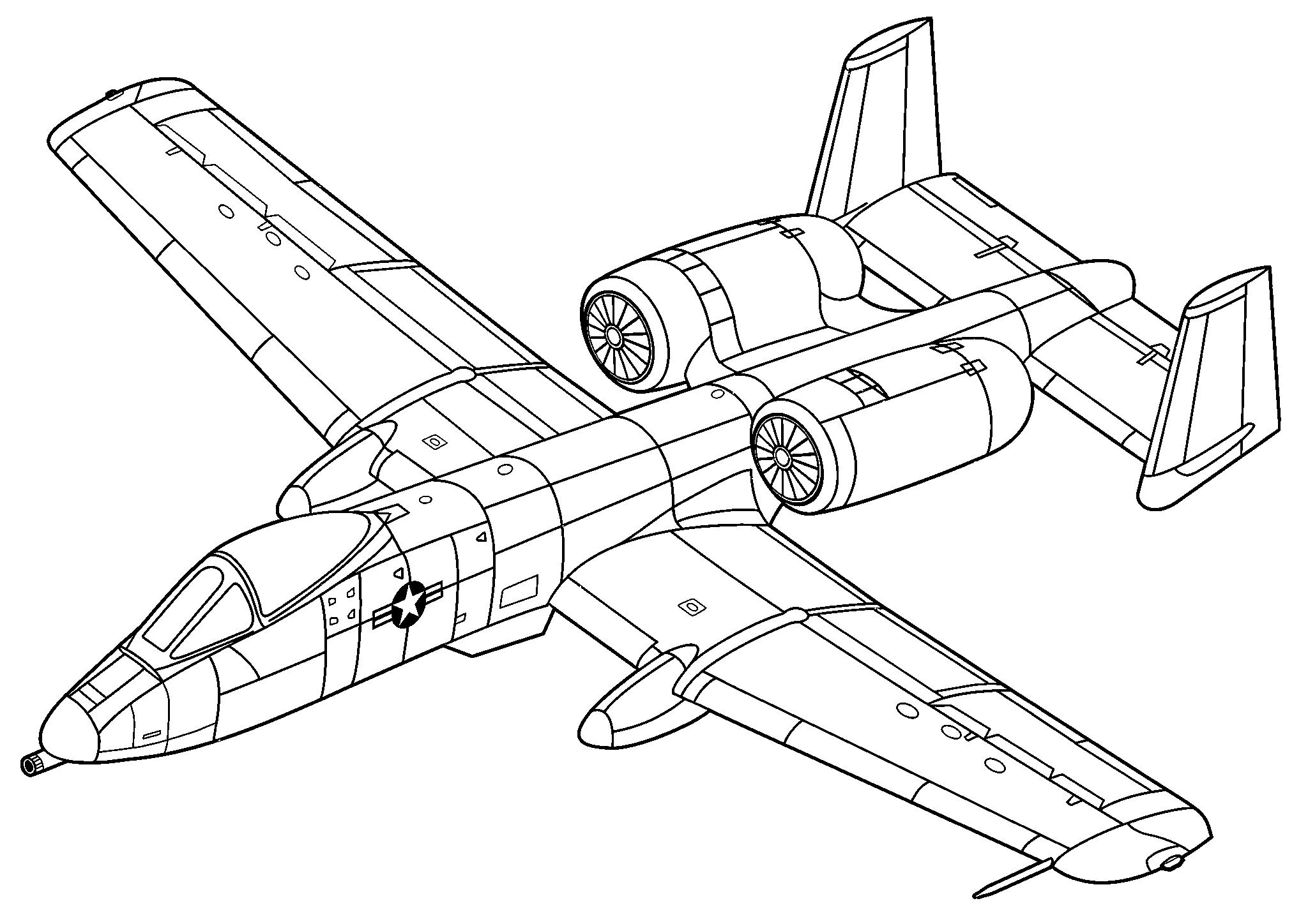 Фэйрчайлд Рипаблик A-10 Тандерболт II. Раскраска военный самолёт №1646. Раскраски для мальчиков по категориям. Самолёты.