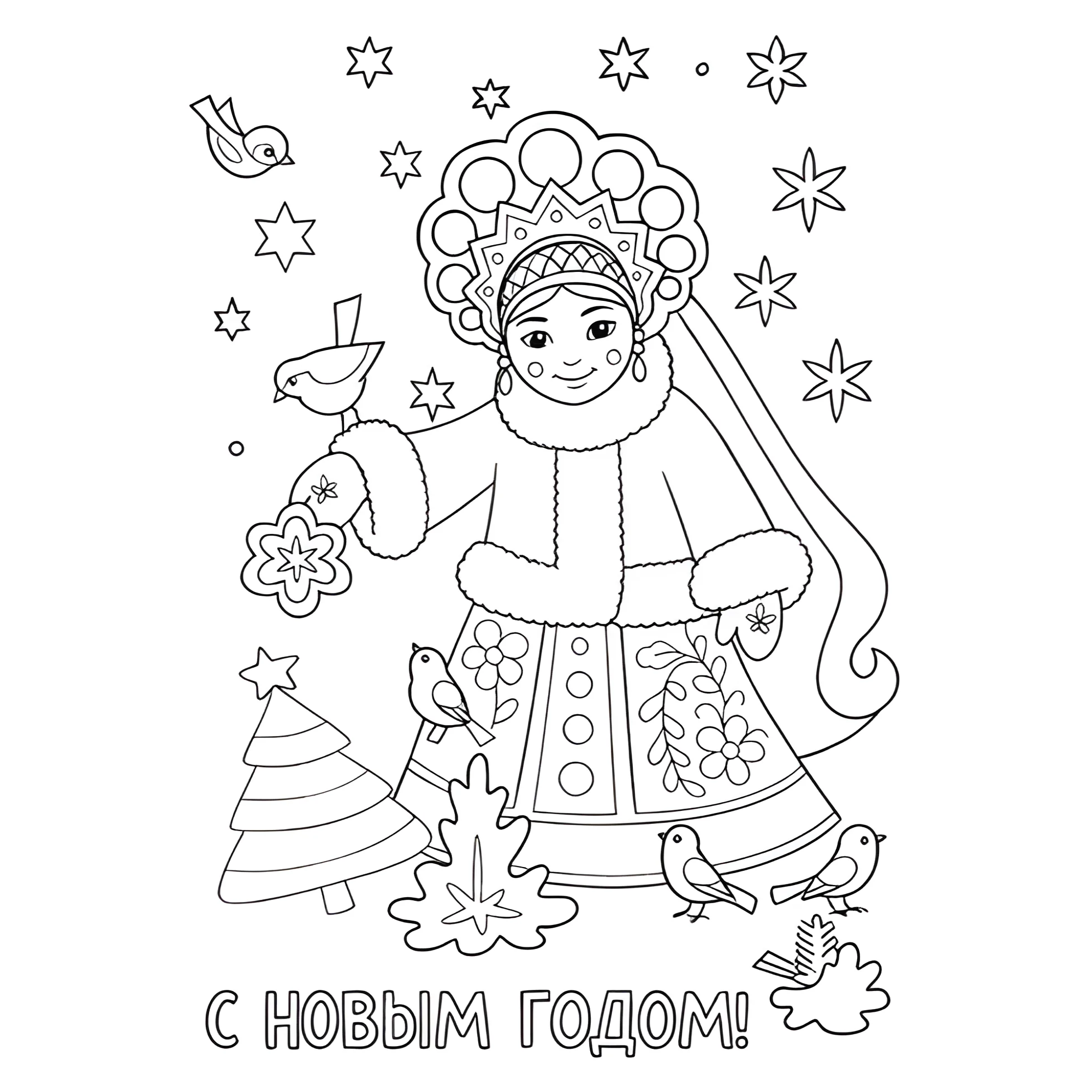 Раскраска Снегурочка у ёлки кормит птиц №13800. Праздничные и сезонные раскраски. Новогодние раскраски.
