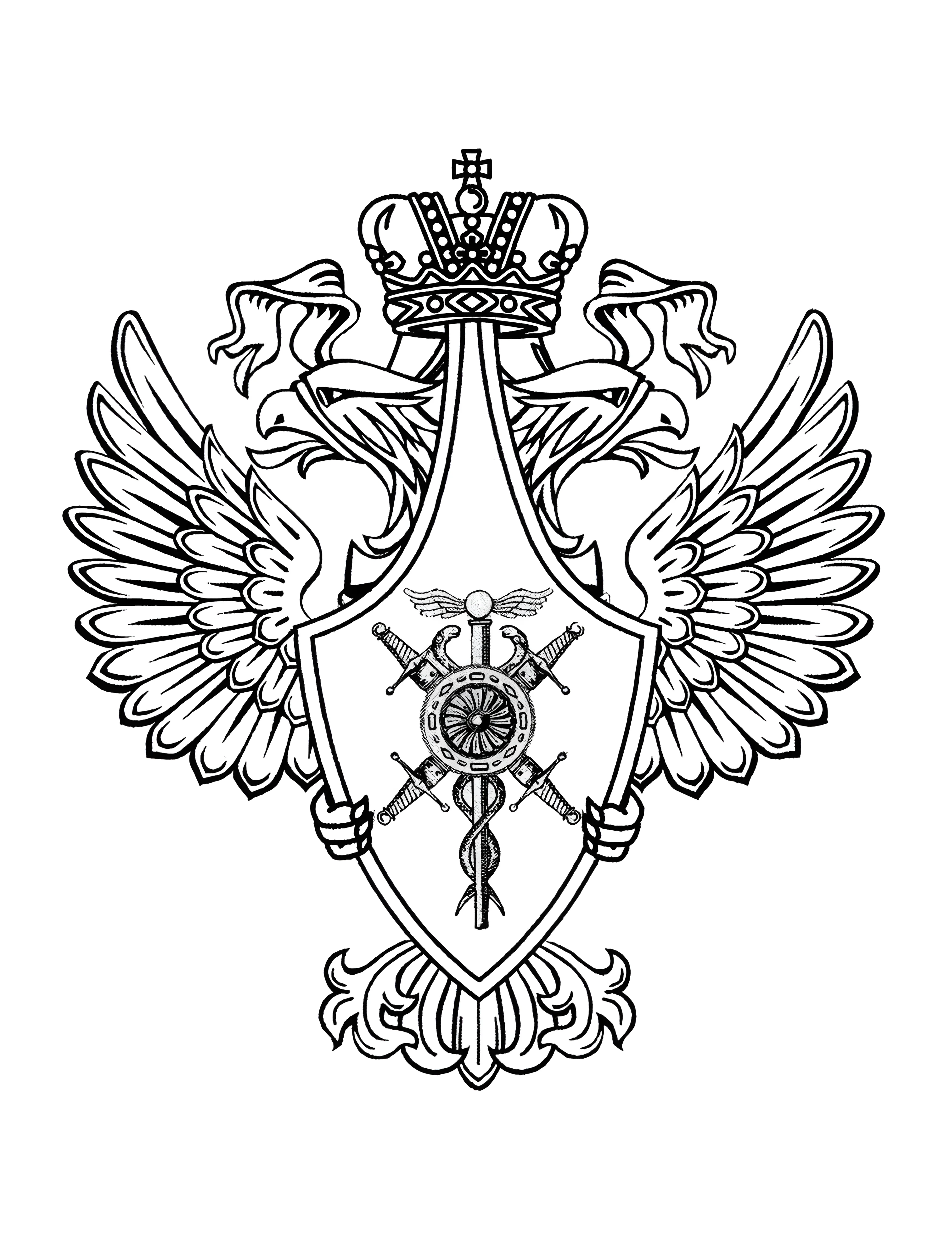 Герб с орлом и деталями для детей №6487. Обучающие и развивающие раскраски для детского сада, для начальных классов. Гербы.