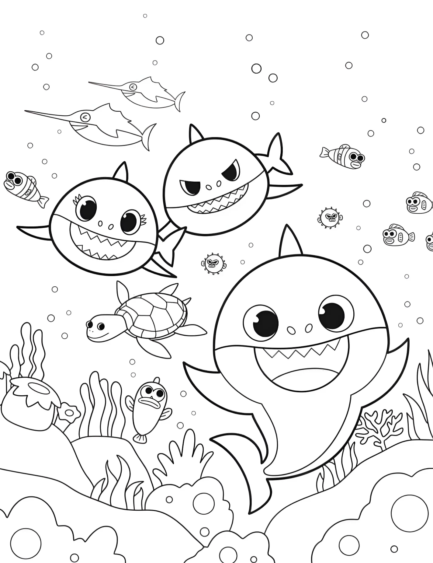 Веселые акулы для детей №8341. Раскраски из мультиков. Бэби Шарк (Baby Shark).