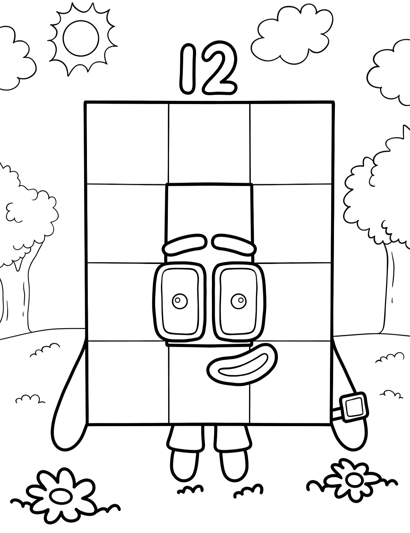 Весёлый Numberblock 12 под солнцем №9265. Раскраски из мультиков. Нумерблоки (Numberblocks).