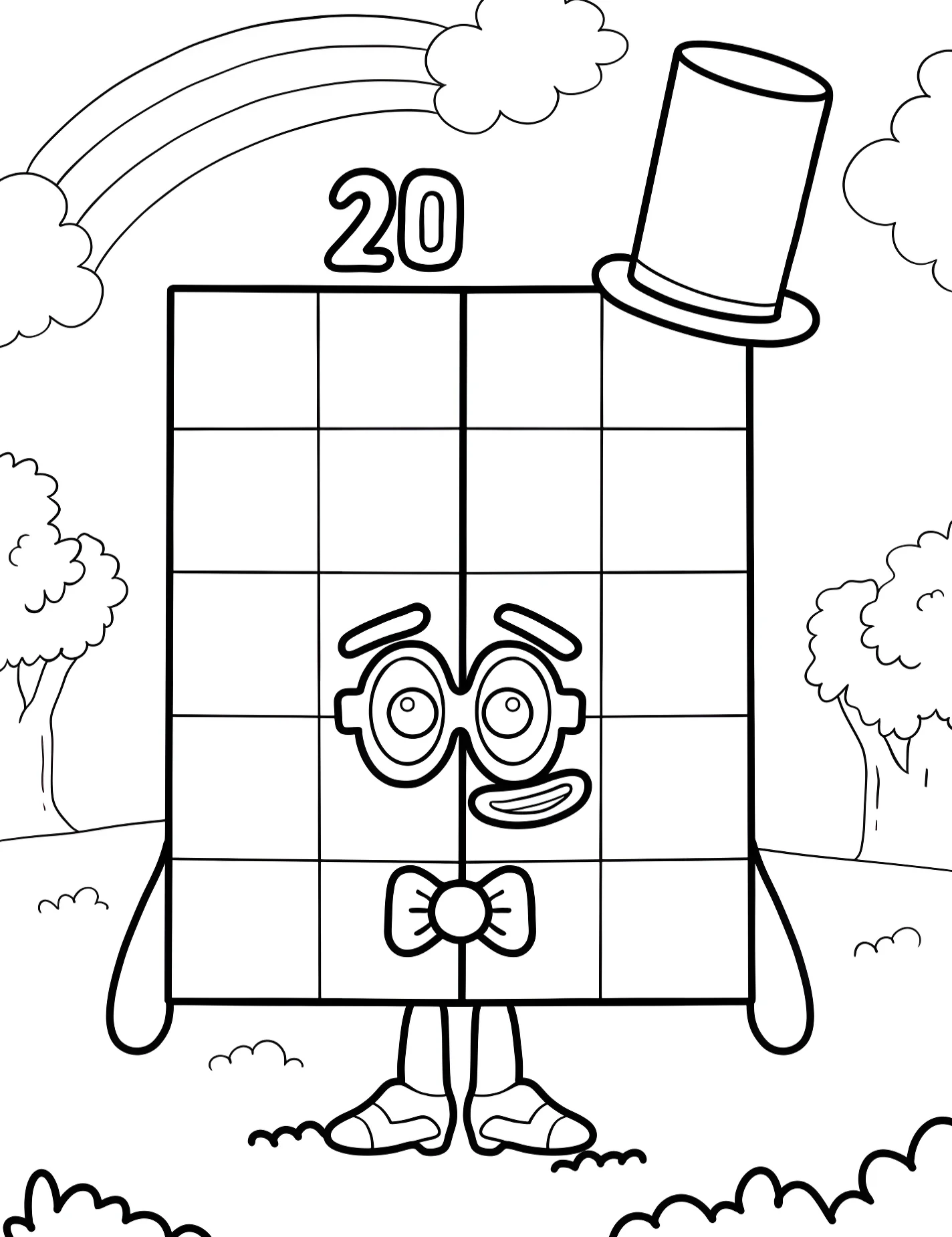 Весёлый Numberblock 20 с цилиндром и бабочкой №9270. Раскраски из мультиков. Нумерблоки (Numberblocks).
