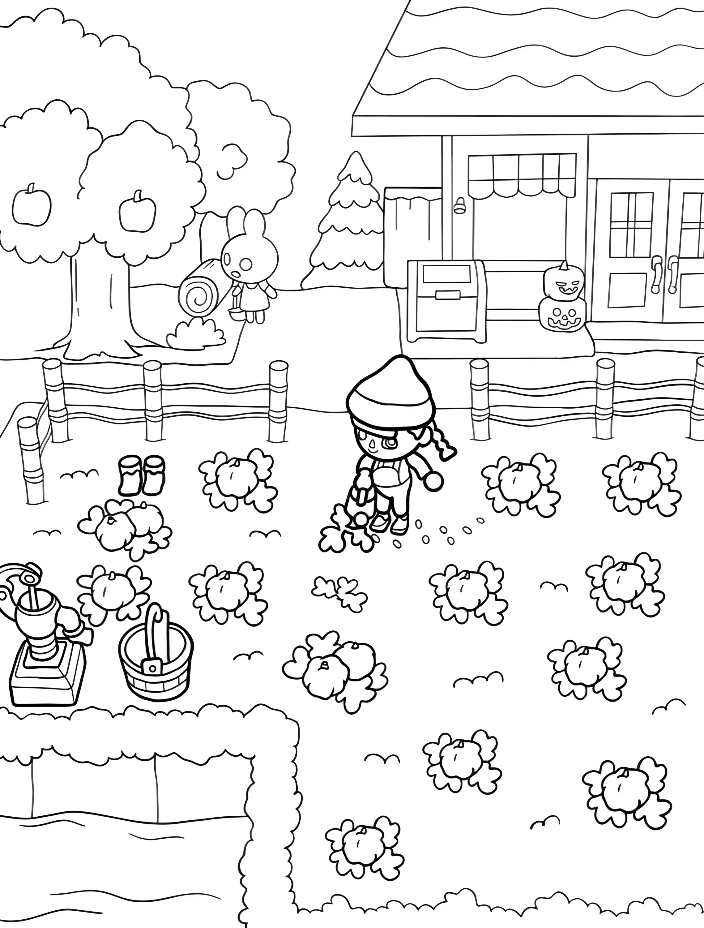 Маленький житель Animal Crossing поливает растения №6032. Раскраски из игр. Энимал Кроссинг (Animal Crossing).