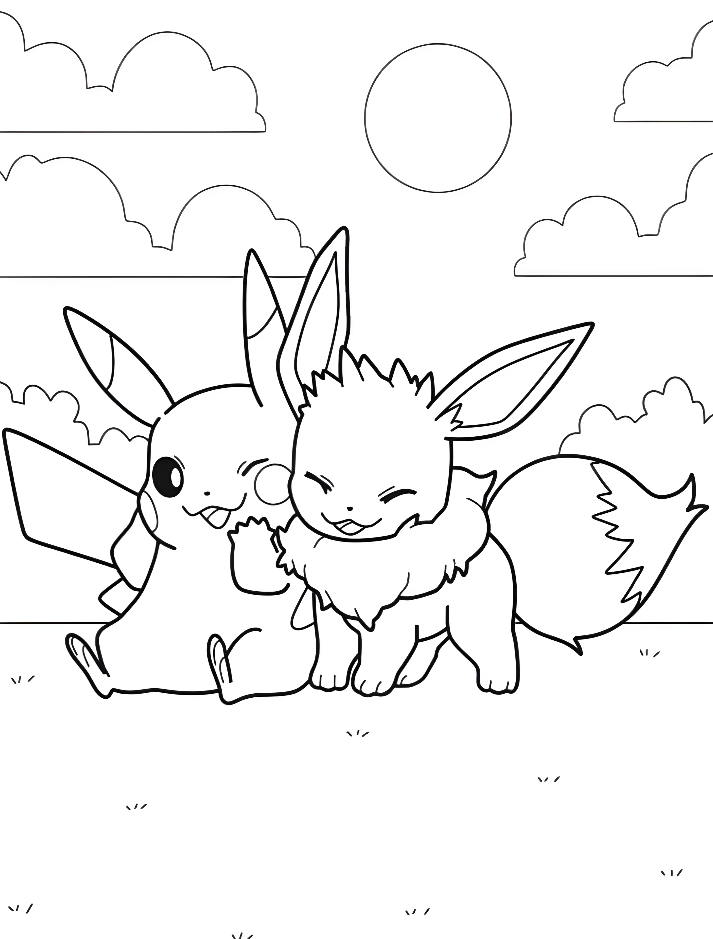 Веселые пикачу и Иви для детей №7209. Раскраски из игр. Пикачу (Pikachu).