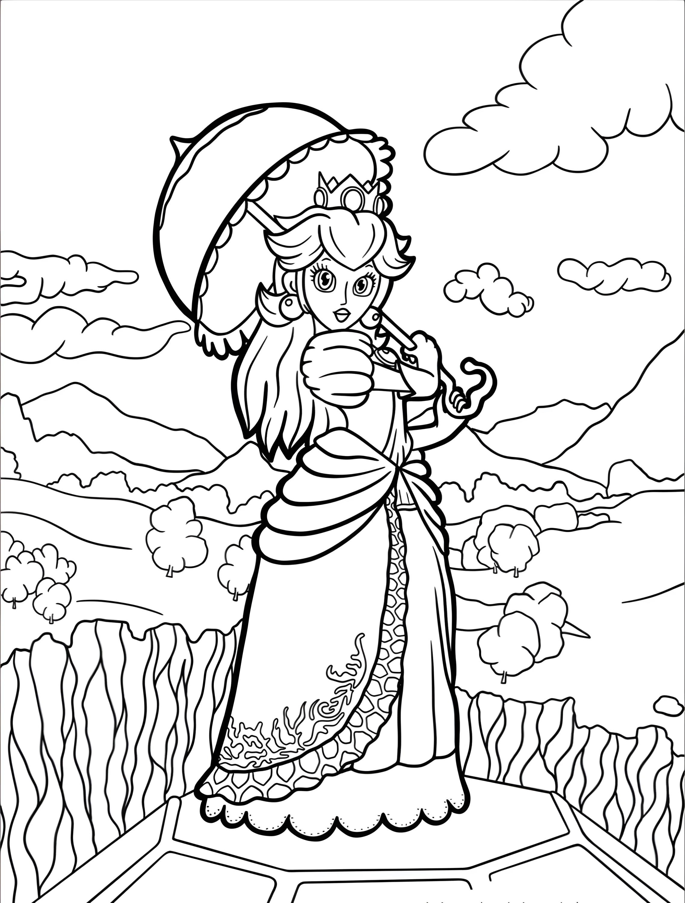 Принцесса с зонтиком для детей №7493. Раскраски из игр. Принцесса Пич (Princess Peach).