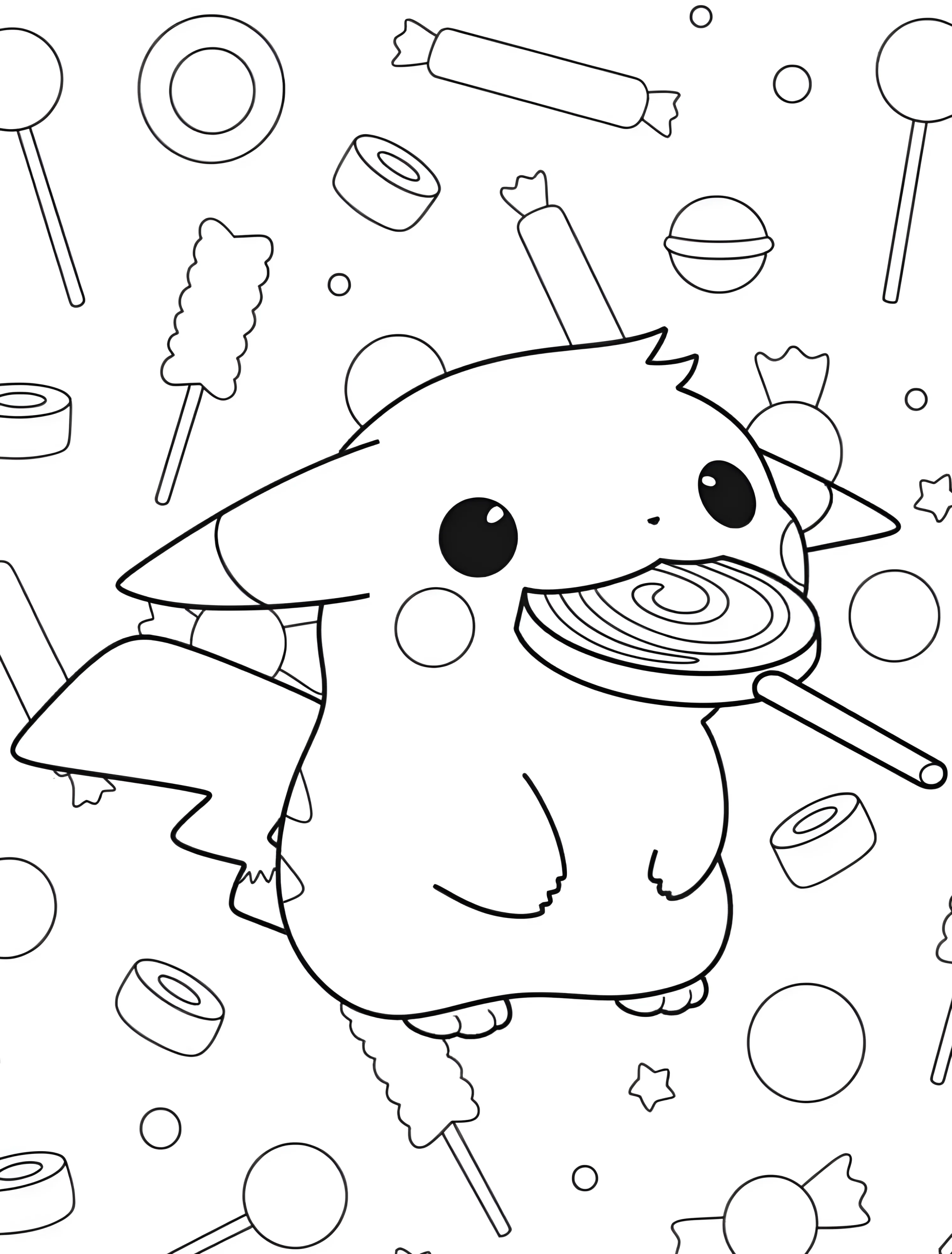 Веселый Пикачу с леденцом для детей №7226. Раскраски из игр. Пикачу (Pikachu).