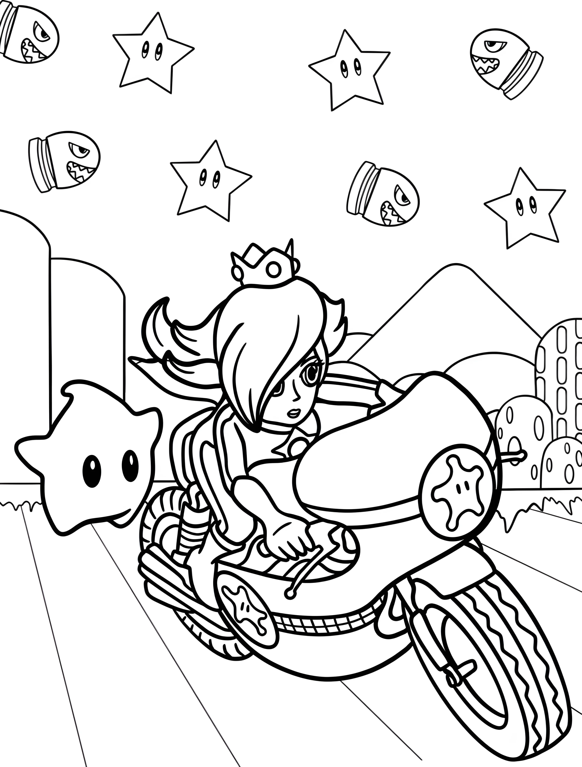 Розалина на мотоцикле с Лумой для детей №7643. Раскраски из игр. Розалина (Rosalina).