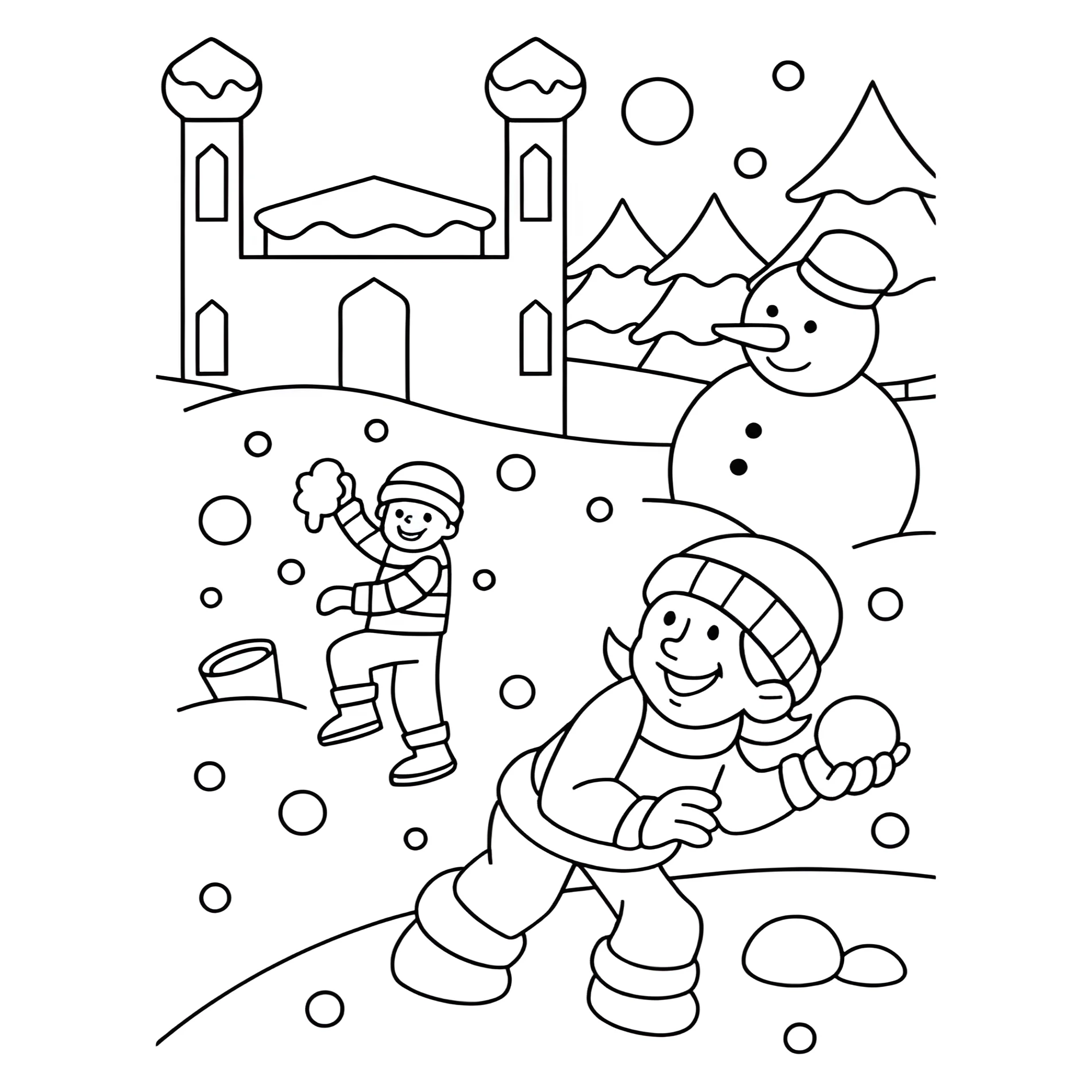Снеговик и дети №14238. Праздничные и сезонные раскраски. Зима.